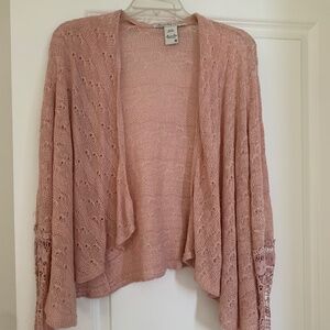 Open pink cardigan, perfect condition, size medium, lace dleeves